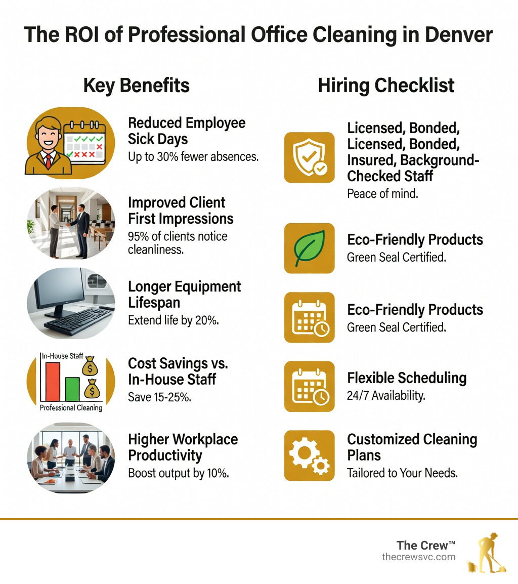 Infographic showing the ROI of professional office cleaning in Denver: key benefits include reduced employee sick days, improved client first impressions, longer equipment lifespan from dust prevention, cost savings vs. in-house staff, and higher workplace productivity — with a checklist of what to look for when hiring: licensed, bonded, insured, background-checked staff, eco-friendly products, flexible scheduling, and customized cleaning plans - denver office cleaners infographic 
