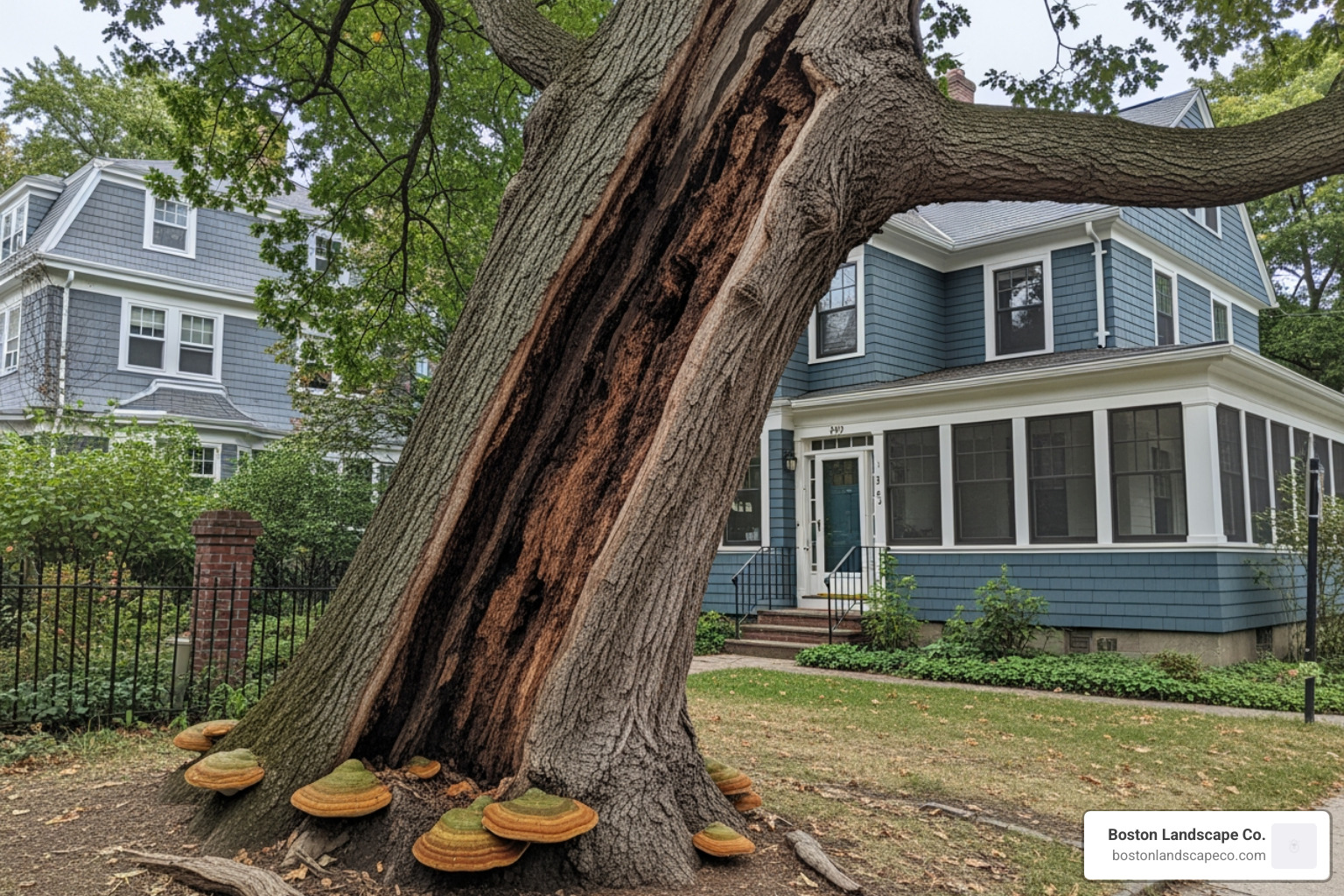A leaning tree with visible trunk decay and fungal growth at the base - tree removal brookline ma