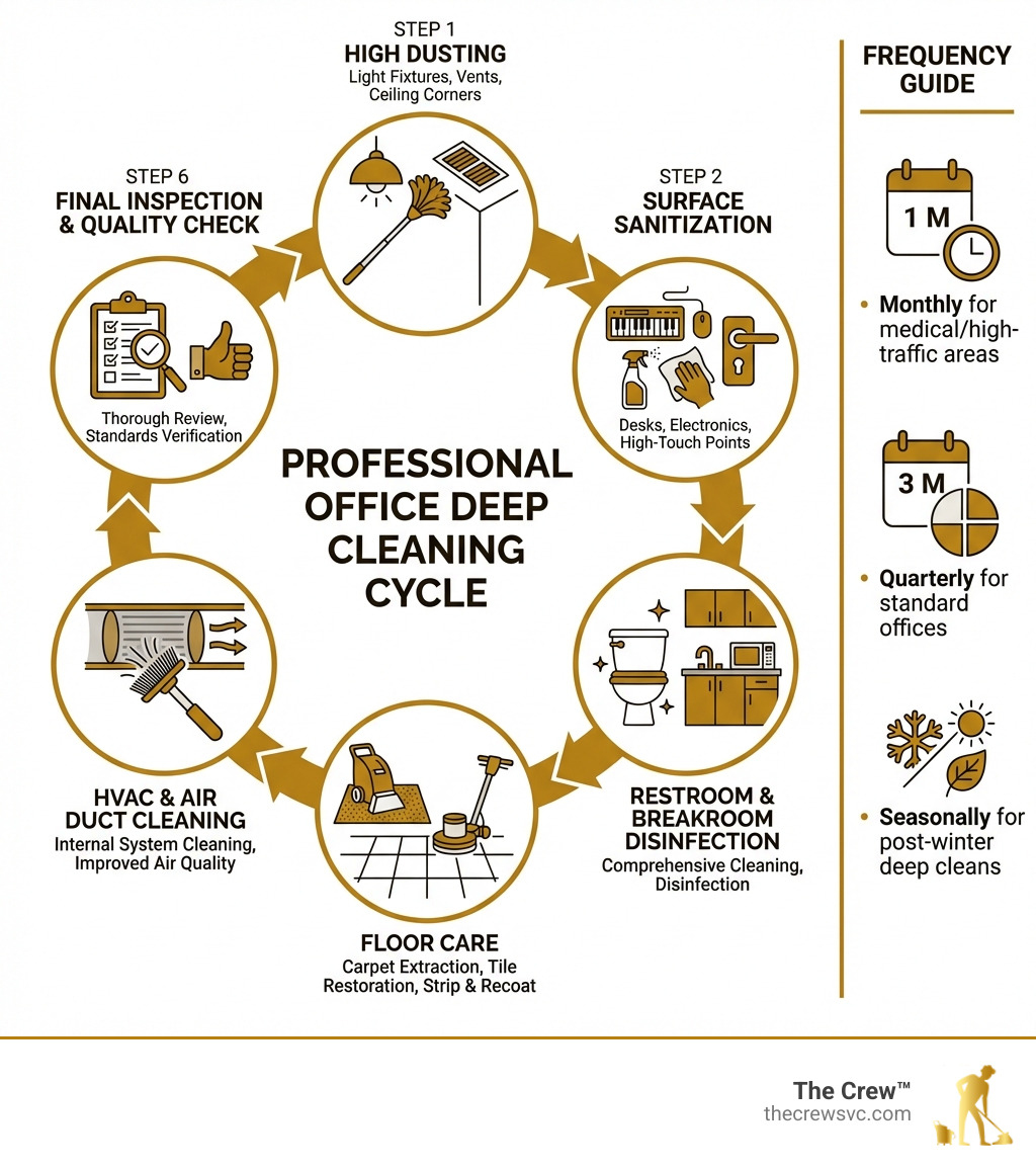 Infographic showing the professional office deep cleaning cycle: Step 1 - High dusting (light fixtures, vents, ceiling corners); Step 2 - Surface sanitization (desks, electronics, high-touch points); Step 3 - Restroom and breakroom disinfection; Step 4 - Floor care (carpet extraction, tile restoration, strip and recoat); Step 5 - HVAC and air duct cleaning; Step 6 - Final inspection and quality check. Frequency guide on the side: Monthly for medical/high-traffic, Quarterly for standard offices, Seasonally for post-winter deep cleans. - office deep cleaning denver infographic 