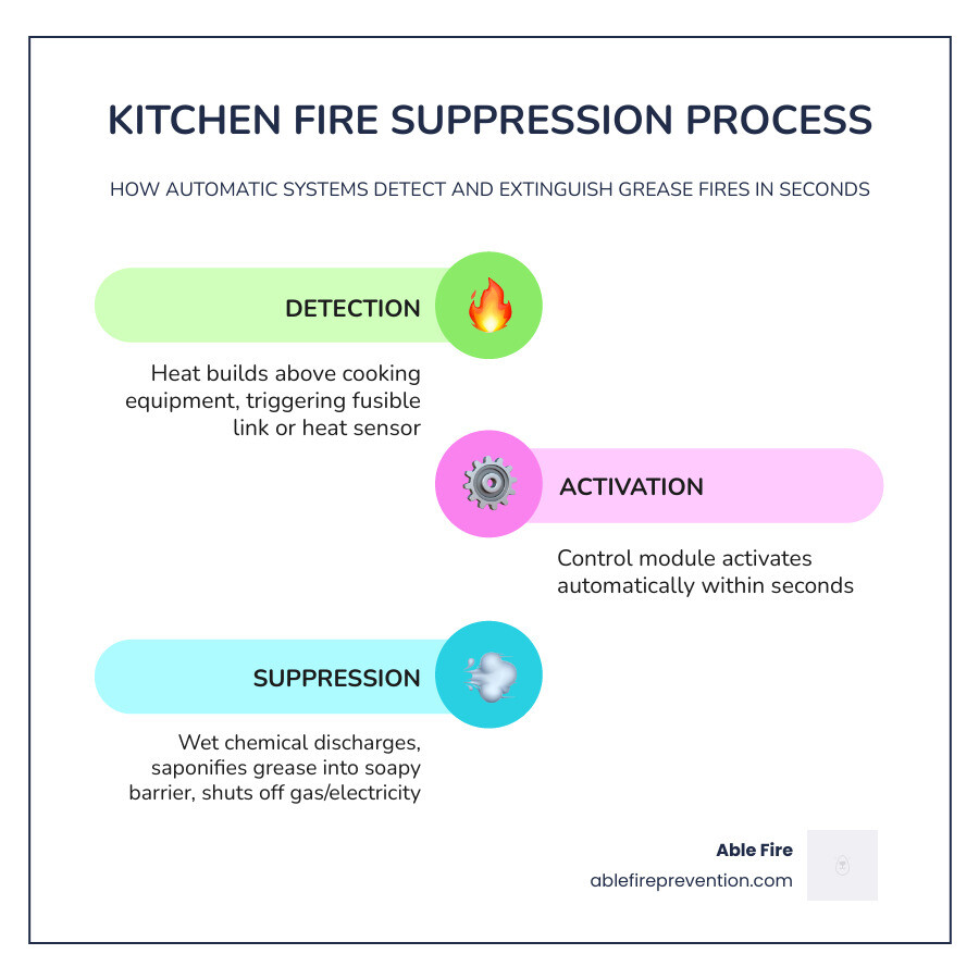 Infographic showing the kitchen fire suppression process step by step: (1) Heat builds above cooking equipment and triggers a fusible link or heat sensor; (2) The control module activates automatically; (3) Wet chemical agent is discharged through nozzles directly onto the cooking surface; (4) The chemical reacts with grease via saponification, forming a soapy barrier that smothers the fire and prevents re-ignition; (5) Gas and electrical supplies to appliances are simultaneously shut off; (6) An alarm alerts occupants and the system logs the event for inspection review - kitchen suppression systems infographic infographic-line-3-steps-colors