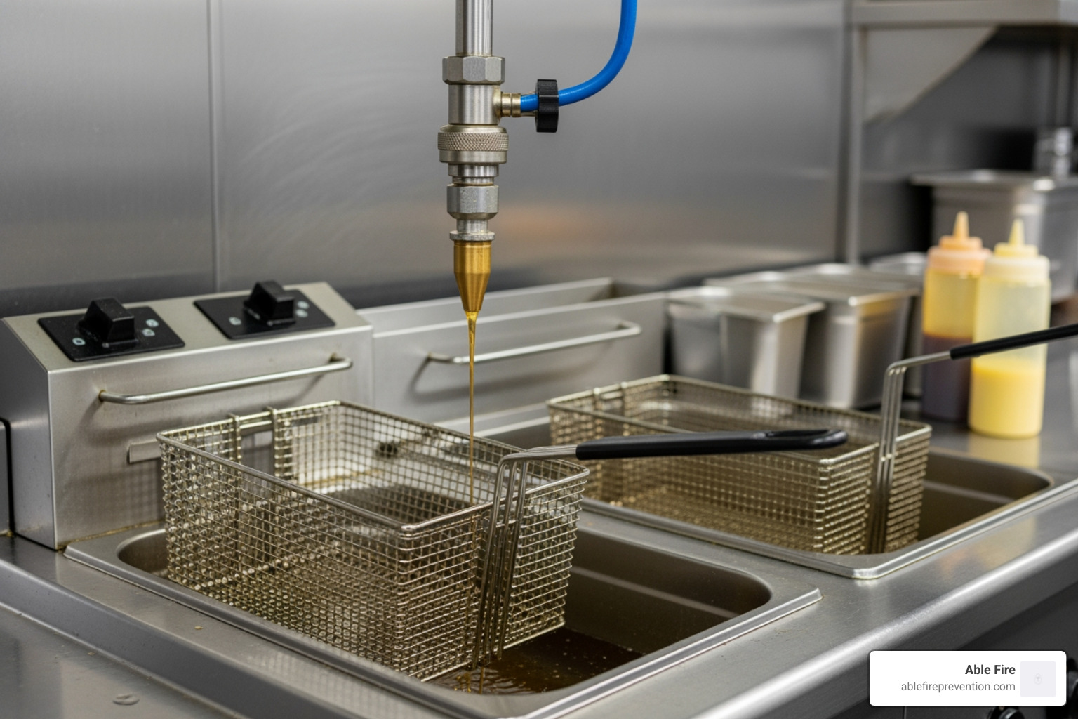 A wet chemical discharge nozzle positioned over a commercial fryer, ready to activate - kitchen suppression systems