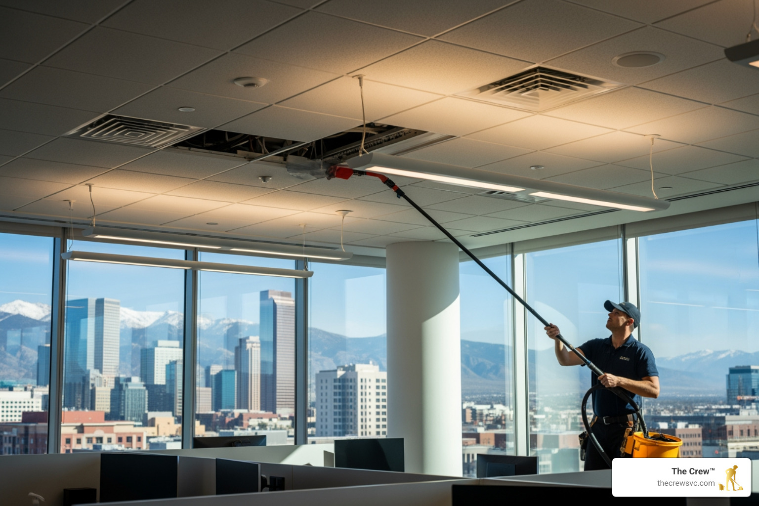 Technician performing high dusting on ceiling vents and light fixtures in a modern Denver office space - office deep cleaning denver