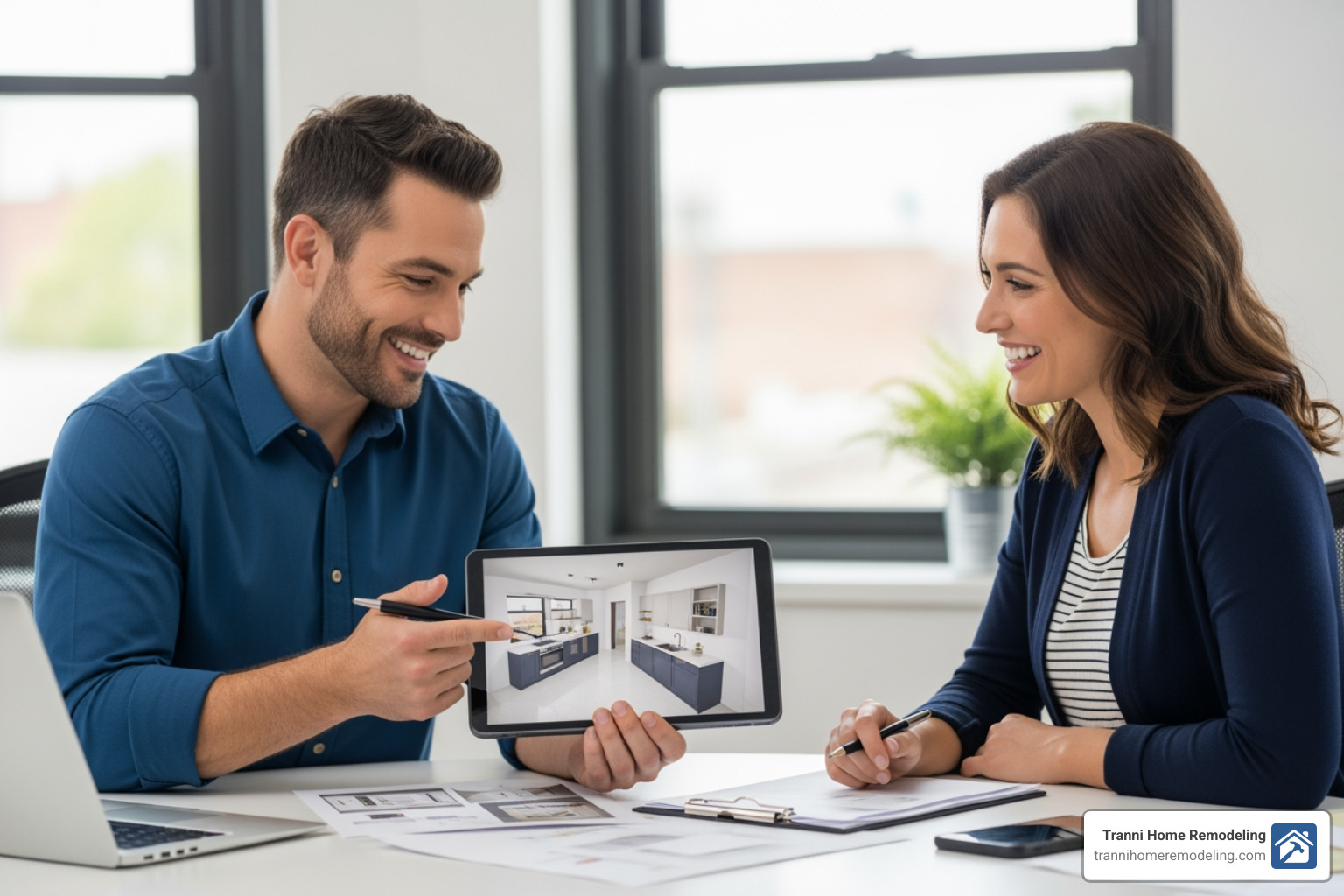 A designer reviewing 3D renderings of a kitchen layout on a tablet with a client - Kitchen remodeling reviews