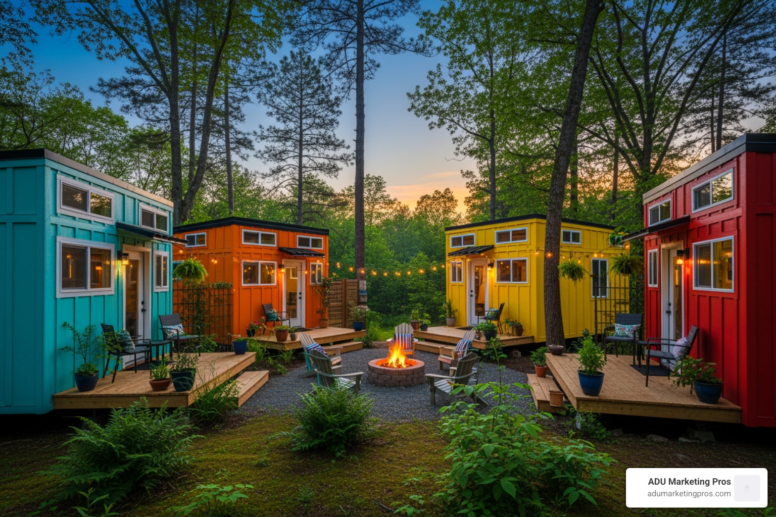 Cluster of colorful tiny homes arranged around a central community fire pit - Tiny home resorts