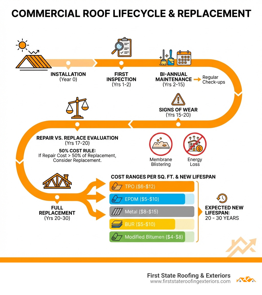 Infographic showing the lifecycle of a commercial roof: installation at year 0, first inspection at year 1-2, bi-annual maintenance years 2-15, signs of wear at years 15-20 including membrane blistering and energy loss, repair vs replace evaluation at year 17-20 using the 50% cost rule, full replacement at years 20-30, with cost ranges per square foot for each roofing material type (TPO $6-$12, EPDM $5-$10, Metal $8-$15, BUR $5-$10, Modified Bitumen $4-$8) and expected new lifespan after replacement - commercial roof replacement infographic Infographic showing the lifecycle of a commercial roof: installation at year 0, first inspection at year 1-2, bi-annual maintenance years 2-15, signs of wear at years 15-20 including membrane blistering and energy loss, repair vs replace evaluation at year 17-20 using the 50% cost rule, full replacement at years 20-30, with cost ranges per square foot for each roofing material type (TPO $6-$12, EPDM $5-$10, Metal $8-$15, BUR $5-$10, Modified Bitumen $4-$8) and expected new lifespan after replacement - commercial roof replacement infographic