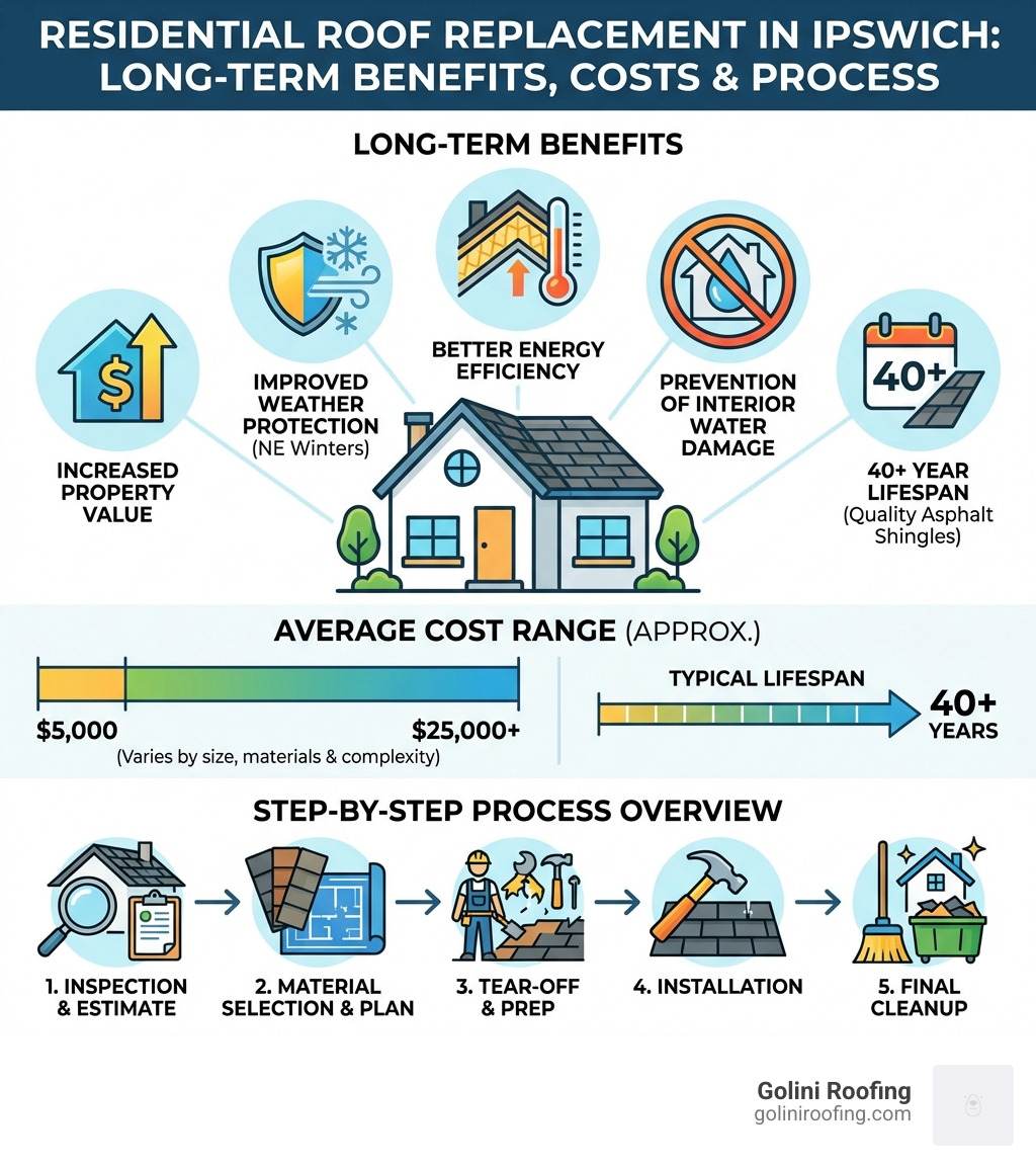 Infographic showing the long-term benefits of residential roof replacement in Ipswich: increased property value, improved weather protection against New England winters, better energy efficiency through proper insulation, prevention of interior water damage, and a typical lifespan of 40+ years with quality asphalt shingles — alongside average cost ranges and a step-by-step overview of the replacement process from inspection to final cleanup - roof replacement ipswich infographic 