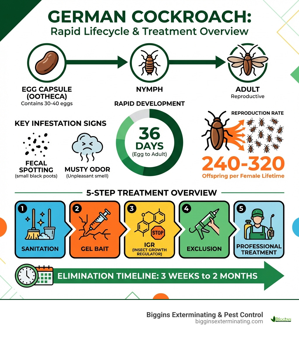 Infographic showing the German cockroach lifecycle stages from egg capsule to nymph to adult, the rapid 36-day development timeline, reproduction rate of 240-320 offspring per female lifetime, key infestation signs like fecal spotting and musty odor, and a 5-step treatment overview including sanitation, gel bait, IGR, exclusion, and professional treatment with a 3-week to 2-month elimination timeline - German cockroach treatment infographic 
