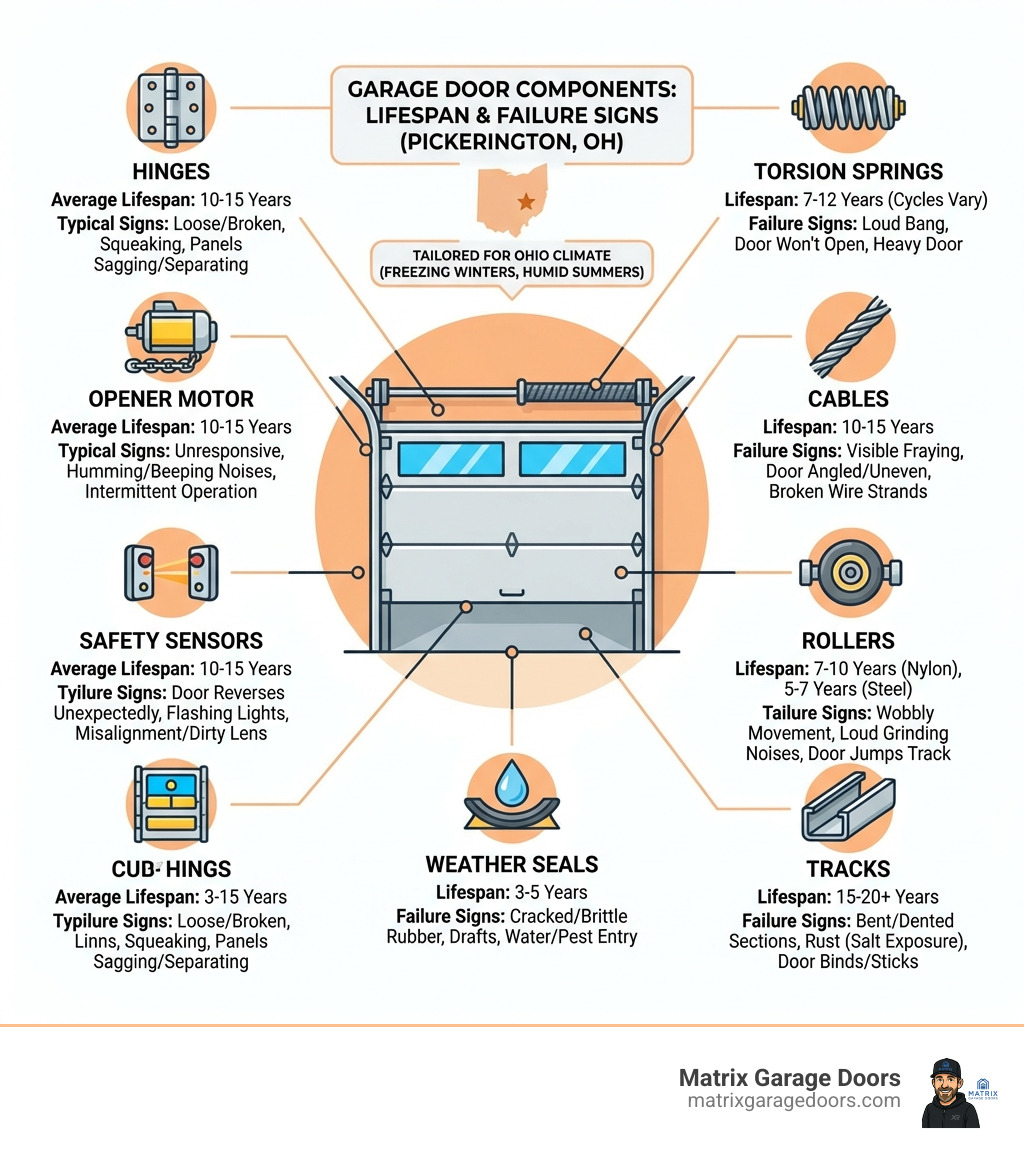 Infographic showing common garage door components including torsion springs, cables, rollers, tracks, hinges, opener motor, safety sensors, and weather seals — with labels indicating average lifespan and typical failure signs for each part, tailored to Pickerington OH homeowners - pickerington garage door repair infographic 