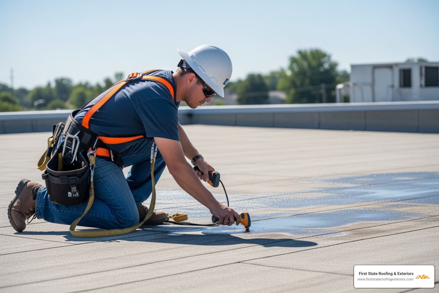 Professional roofer in an OSHA-compliant safety harness performing a detailed moisture scan on a commercial flat roof to identify areas of saturation before a full replacement - commercial roof replacement Professional roofer in an OSHA-compliant safety harness performing a detailed moisture scan on a commercial flat roof to identify areas of saturation before a full replacement - commercial roof replacement