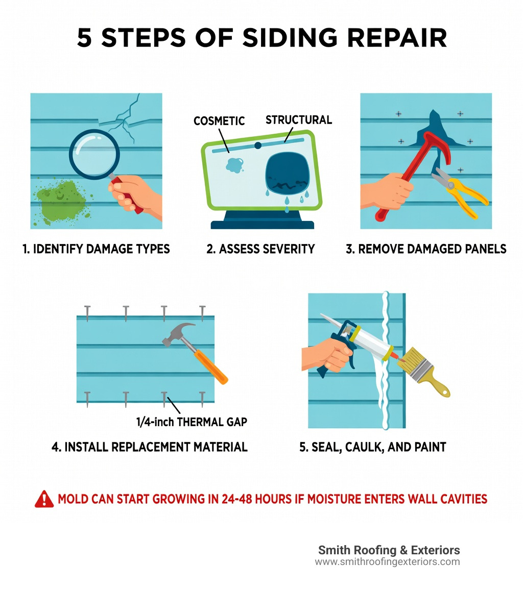 Infographic showing the 5 steps of siding repair: 1) Identify damage types like cracks, warping, rot, and mold; 2) Assess severity with cosmetic vs structural damage comparison; 3) Remove damaged panels using zip tool or pry bar; 4) Install replacement material with proper nailing and thermal gap; 5) Seal, caulk, and paint to restore weatherproofing — with icons for each step and a note that mold can begin in 24–48 hours if moisture enters wall cavities - siding repair infographic Infographic showing the 5 steps of siding repair: 1) Identify damage types like cracks, warping, rot, and mold; 2) Assess severity with cosmetic vs structural damage comparison; 3) Remove damaged panels using zip tool or pry bar; 4) Install replacement material with proper nailing and thermal gap; 5) Seal, caulk, and paint to restore weatherproofing — with icons for each step and a note that mold can begin in 24–48 hours if moisture enters wall cavities - siding repair infographic