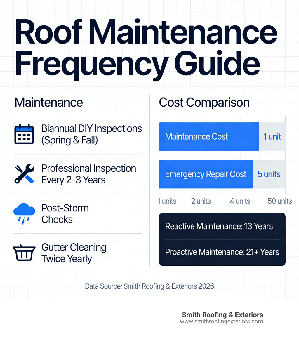 Infographic showing roof maintenance frequency guide: biannual DIY inspections in spring and fall, professional inspection every 2-3 years, post-storm checks after severe weather, gutter cleaning twice yearly, with a cost comparison bar chart showing the 1-to-5 ratio of maintenance cost versus emergency repair cost, and roof lifespan comparison of 13 years reactive versus 21+ years proactive - roof maintenance how often infographic Infographic showing roof maintenance frequency guide: biannual DIY inspections in spring and fall, professional inspection every 2-3 years, post-storm checks after severe weather, gutter cleaning twice yearly, with a cost comparison bar chart showing the 1-to-5 ratio of maintenance cost versus emergency repair cost, and roof lifespan comparison of 13 years reactive versus 21+ years proactive - roof maintenance how often infographic