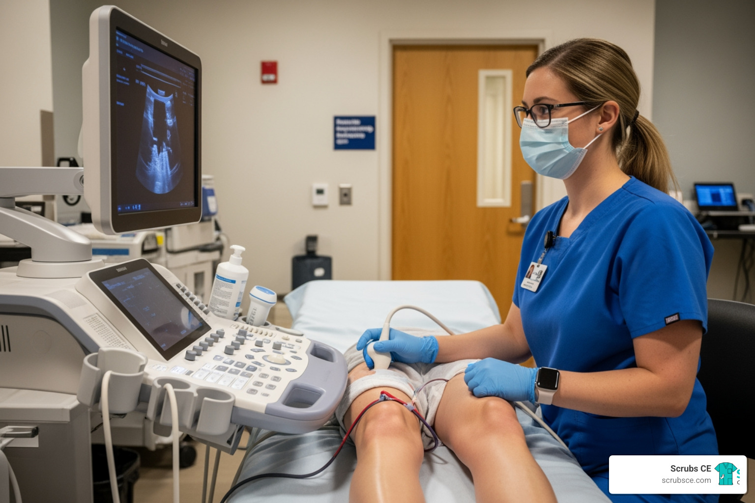 Professional sonographer using advanced ultrasound equipment to perform a vascular scan - sonography continuing education Professional sonographer using advanced ultrasound equipment to perform a vascular scan - sonography continuing education