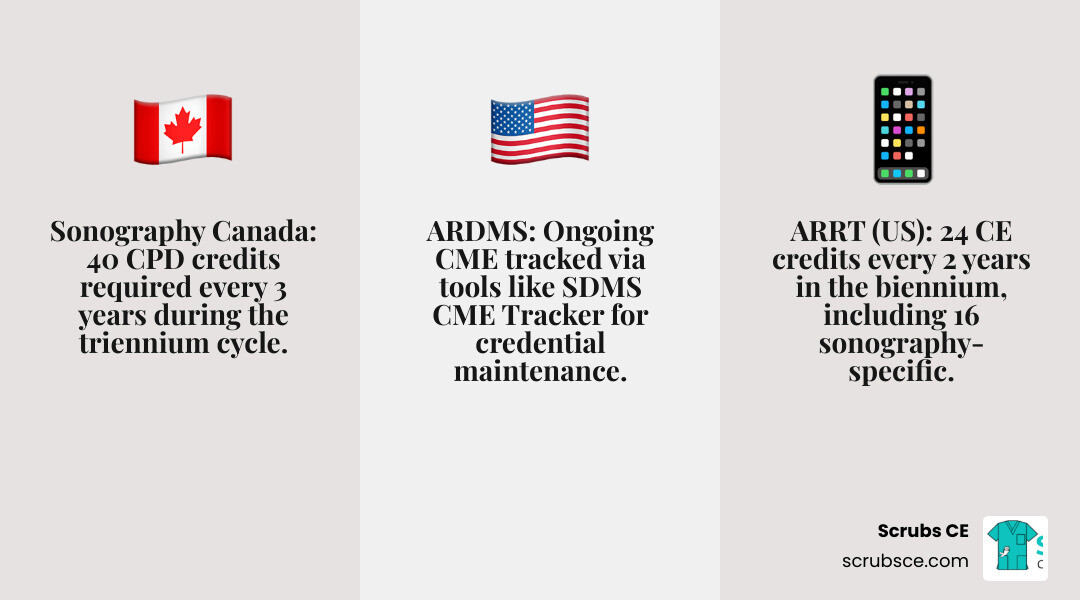 Infographic showing the importance of Radiology education and lifelong learning for sonographers, including a side-by-side comparison of Canadian CPD triennium requirements (40 credits over 3 years via Sonography Canada) and US biennium requirements (24 CE credits every 2 years via ARRT, with 16 discipline-specific), common continuing education formats such as on-demand courses, webinars, and clinical reviews, and a timeline graphic showing credential renewal cycles with icons for professional development, patient care, and skill advancement - sonography continuing education infographic 3_facts_emoji_grey Infographic showing the importance of Radiology education and lifelong learning for sonographers, including a side-by-side comparison of Canadian CPD triennium requirements (40 credits over 3 years via Sonography Canada) and US biennium requirements (24 CE credits every 2 years via ARRT, with 16 discipline-specific), common continuing education formats such as on-demand courses, webinars, and clinical reviews, and a timeline graphic showing credential renewal cycles with icons for professional development, patient care, and skill advancement - sonography continuing education infographic 3_facts_emoji_grey