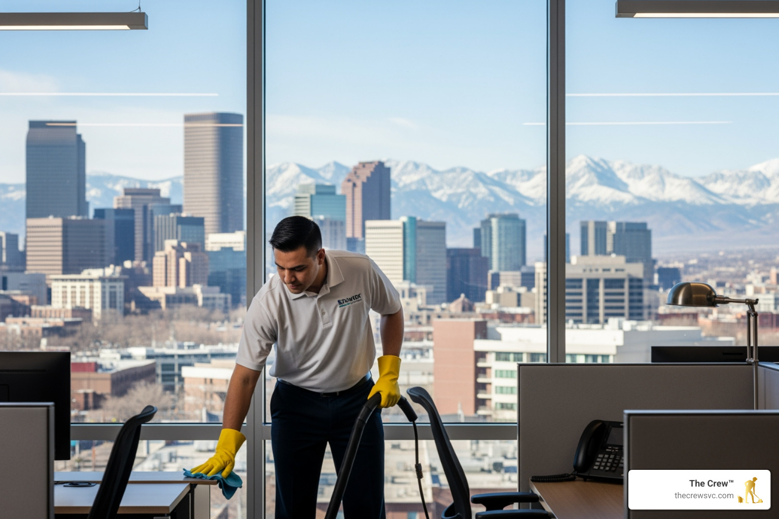 A professional, background-checked commercial cleaner in a uniform performing high-quality cleaning in a modern Denver office space - bonded janitorial services denver