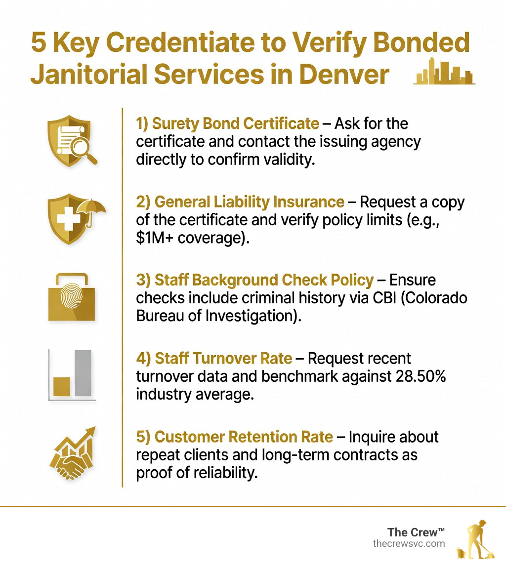 Infographic showing 5 key credentials to verify when hiring bonded janitorial services in Denver: 1) Surety bond certificate with issuing agency contact, 2) General liability insurance certificate, 3) Staff background check policy using Colorado Bureau of Investigation, 4) Staff turnover rate compared to industry average of 28.50%, 5) Customer retention rate as a reliability signal — displayed as a vertical checklist with icons and brief explanations for each step - bonded janitorial services denver infographic 