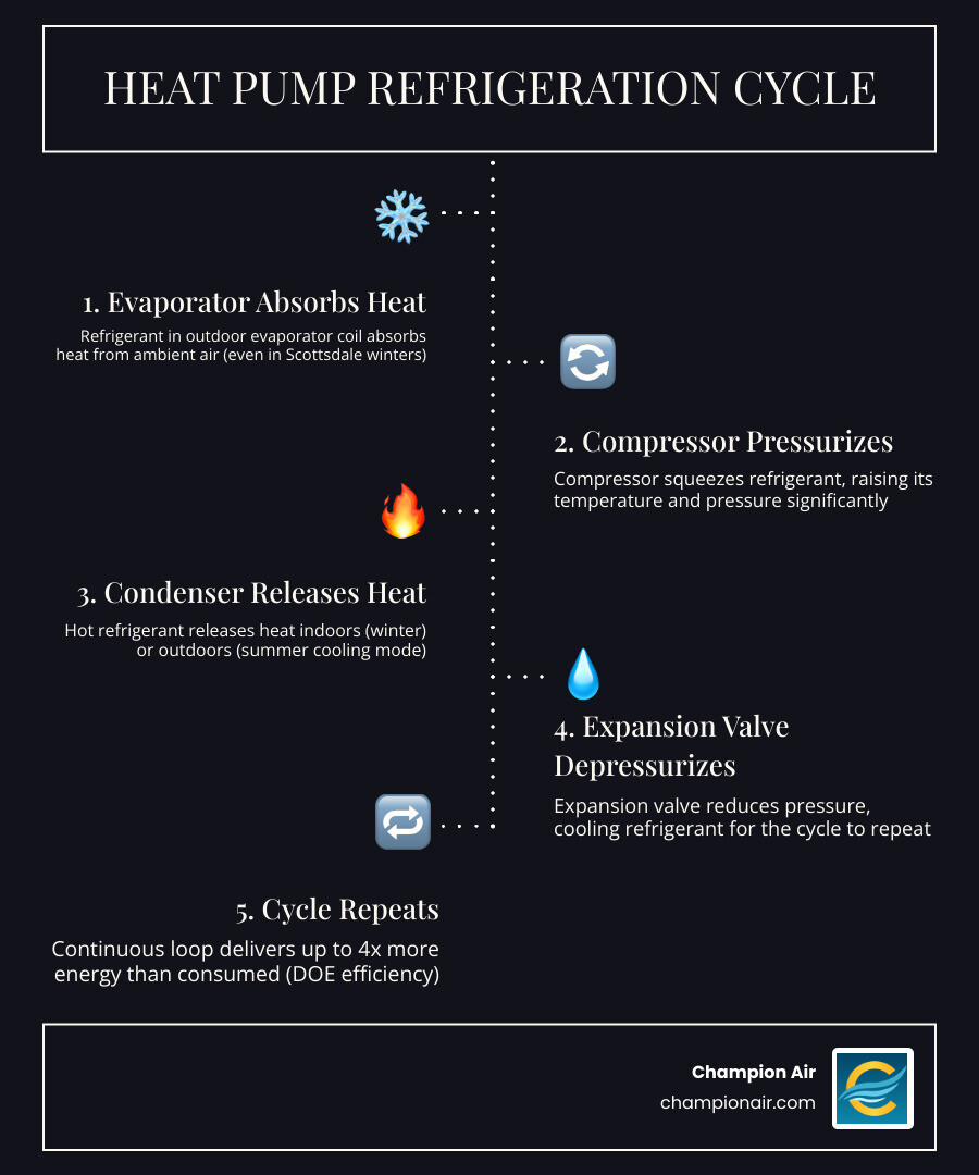Infographic showing the heat pump refrigeration cycle for Scottsdale AZ homes: step 1 refrigerant absorbs outdoor heat through evaporator coil, step 2 compressor pressurizes refrigerant raising temperature, step 3 condenser coil releases heat indoors in winter or outdoors in summer, step 4 expansion valve reduces pressure and repeats cycle, with callouts showing summer cooling mode vs winter heating mode, SEER and HSPF efficiency ratings, and estimated energy savings of up to 65% vs traditional systems - heat pump installation in scottsdale, az infographic infographic-line-5-steps-dark