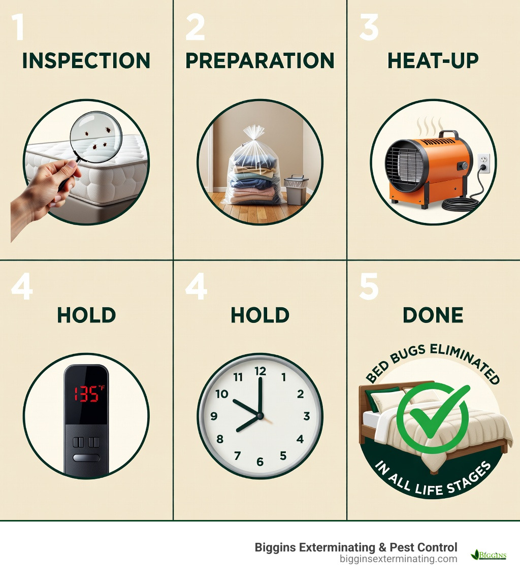Step-by-step infographic showing the bed bug heat treatment cycle: inspection stage with magnifying glass on mattress, preparation stage showing cleared room and bagged laundry, heating stage with equipment raising temperature to 135°F, hold stage with thermometer sustaining heat for 6-8 hours, and final stage showing a clean bedroom with a checkmark and text reading 'bed bugs eliminated in all life stages' - bed bug heat treatment Dracut infographic 
