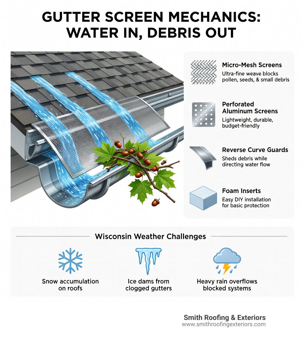 Infographic showing how gutter screens work: rainwater flows through a fine mesh or perforated cover into the gutter channel while leaves, seeds, and debris are deflected off the edge; includes labels for micro-mesh, perforated aluminum, reverse curve, and foam insert types, with icons showing Wisconsin weather challenges like snow, ice, and heavy rain - fort atkinson gutter screen options infographic Infographic showing how gutter screens work: rainwater flows through a fine mesh or perforated cover into the gutter channel while leaves, seeds, and debris are deflected off the edge; includes labels for micro-mesh, perforated aluminum, reverse curve, and foam insert types, with icons showing Wisconsin weather challenges like snow, ice, and heavy rain - fort atkinson gutter screen options infographic