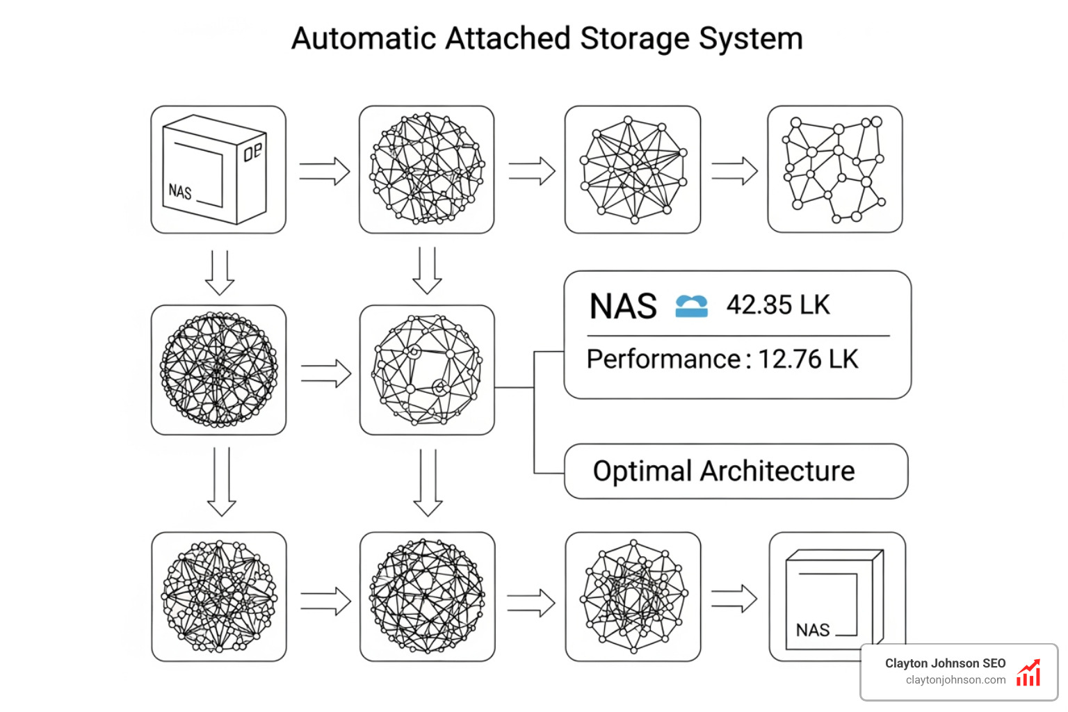 Diagram showing an automated NAS system iterating through different neural network architectures to find the one with the highest performance estimation - How neural networks search Diagram showing an automated NAS system iterating through different neural network architectures to find the one with the highest performance estimation - How neural networks search