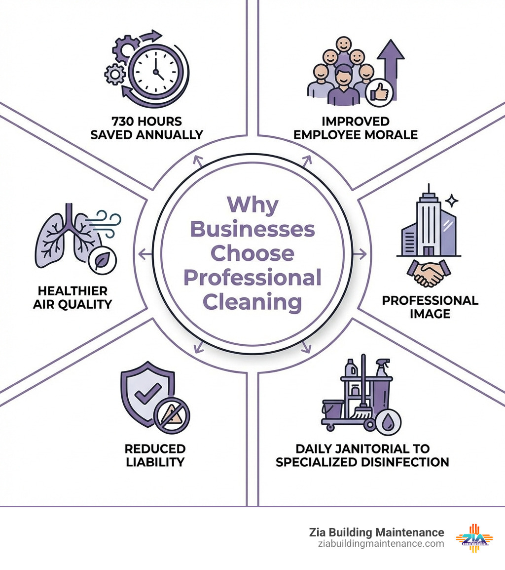 Infographic showing the key benefits of hiring a corporate cleaning company: 730 hours saved annually, improved employee morale, healthier air quality, professional image, reduced liability, and services ranging from daily janitorial to specialized disinfection  with icons for each benefit and a central headline reading 'Why Businesses Choose Professional Cleaning' - corporate cleaning company infographic 