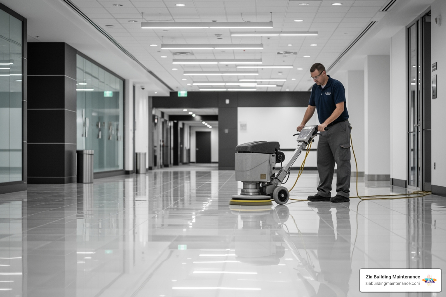 professional floor buffing being performed by a technician using high-grade equipment in a large corporate hallway - corporate cleaning company