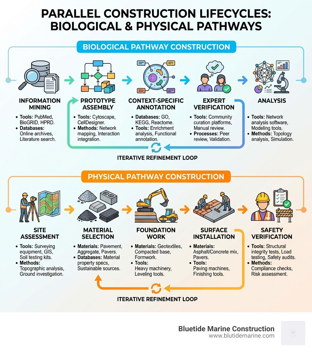 Infographic showing the pathway construction lifecycle in two parallel tracks: biological pathway construction (steps: information mining → prototype assembly → context-specific annotation → expert verification → analysis) and physical pathway construction (steps: site assessment → material selection → foundation work → surface installation → safety verification), with key tools, databases, and materials listed under each step, and arrows showing the iterative feedback loop between verification and refinement in both tracks - pathway construction infographic Infographic showing the pathway construction lifecycle in two parallel tracks: biological pathway construction (steps: information mining → prototype assembly → context-specific annotation → expert verification → analysis) and physical pathway construction (steps: site assessment → material selection → foundation work → surface installation → safety verification), with key tools, databases, and materials listed under each step, and arrows showing the iterative feedback loop between verification and refinement in both tracks - pathway construction infographic