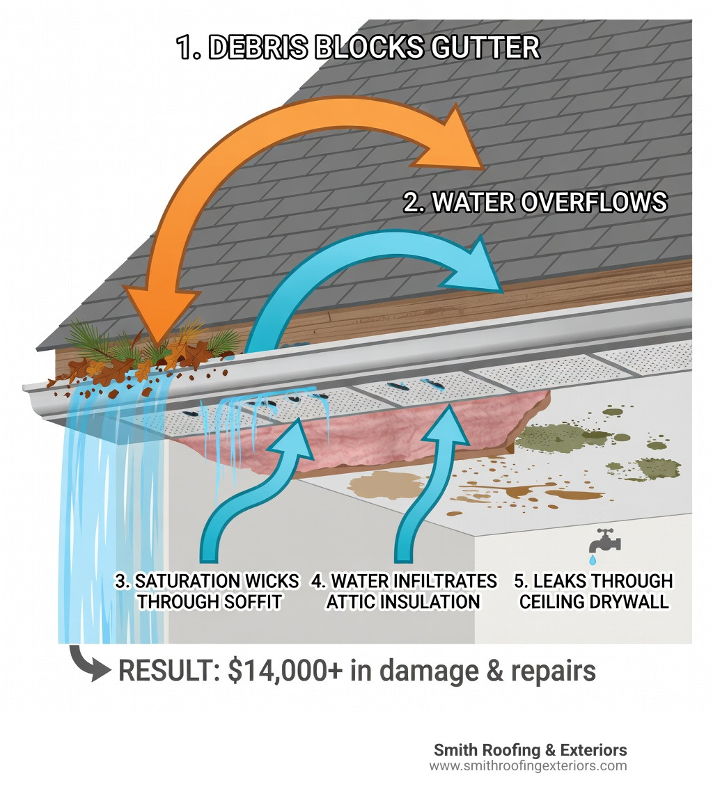 Infographic showing the step-by-step path of water from a clogged gutter into a home: debris blocking gutter flow, water overflow over fascia board, saturation wicking through soffit vents, water infiltrating attic insulation, and finally leaking through ceiling drywall causing stains and mold - clogged gutters cause roof leaks infographic Infographic showing the step-by-step path of water from a clogged gutter into a home: debris blocking gutter flow, water overflow over fascia board, saturation wicking through soffit vents, water infiltrating attic insulation, and finally leaking through ceiling drywall causing stains and mold - clogged gutters cause roof leaks infographic