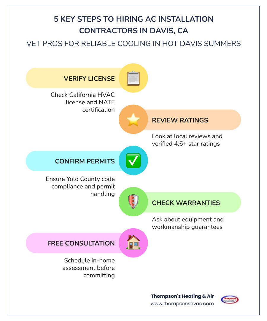 Infographic showing 5 key steps to hiring AC installation contractors in Davis CA: Step 1 - Verify California HVAC license and NATE certification; Step 2 - Check local reviews and verified ratings; Step 3 - Confirm they handle permits and Yolo County code compliance; Step 4 - Ask about equipment and workmanship warranties; Step 5 - Schedule a free in-home consultation before committing - ac installation contractors in davis, ca infographic infographic-line-5-steps-colors Infographic showing 5 key steps to hiring AC installation contractors in Davis CA: Step 1 - Verify California HVAC license and NATE certification; Step 2 - Check local reviews and verified ratings; Step 3 - Confirm they handle permits and Yolo County code compliance; Step 4 - Ask about equipment and workmanship warranties; Step 5 - Schedule a free in-home consultation before committing - ac installation contractors in davis, ca infographic infographic-line-5-steps-colors