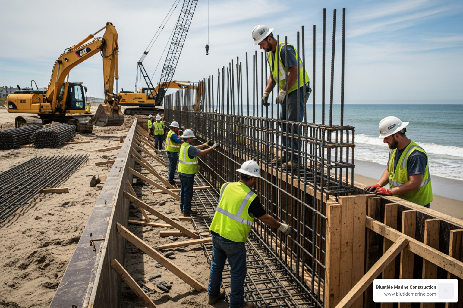 reinforced concrete seawall installation showing steel rebar cages being positioned before the concrete pour - building a seawall
