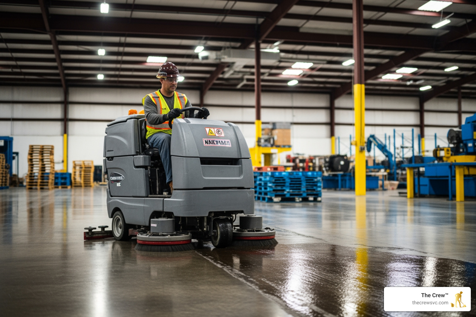 heavy-duty floor scrubbing in a large warehouse - industrial cleaning