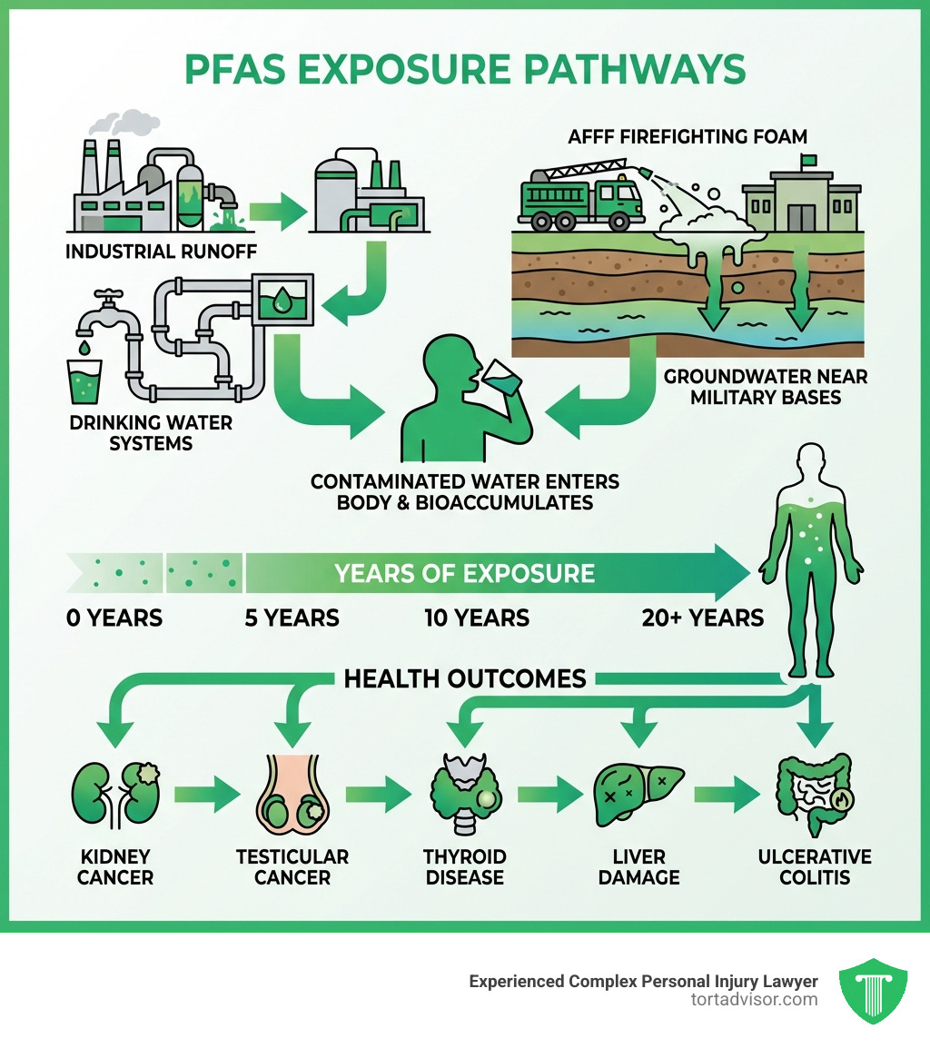 Infographic showing PFAS exposure pathways: industrial runoff flowing into drinking water systems, AFFF firefighting foam soaking into groundwater near military bases, contaminated water entering the body and bioaccumulating over time, linked arrows pointing to health outcomes including kidney cancer, testicular cancer, thyroid disease, liver damage, and ulcerative colitis, with a timeline showing years of exposure before symptoms appear - pfas attorney near me infographic Infographic showing PFAS exposure pathways: industrial runoff flowing into drinking water systems, AFFF firefighting foam soaking into groundwater near military bases, contaminated water entering the body and bioaccumulating over time, linked arrows pointing to health outcomes including kidney cancer, testicular cancer, thyroid disease, liver damage, and ulcerative colitis, with a timeline showing years of exposure before symptoms appear - pfas attorney near me infographic