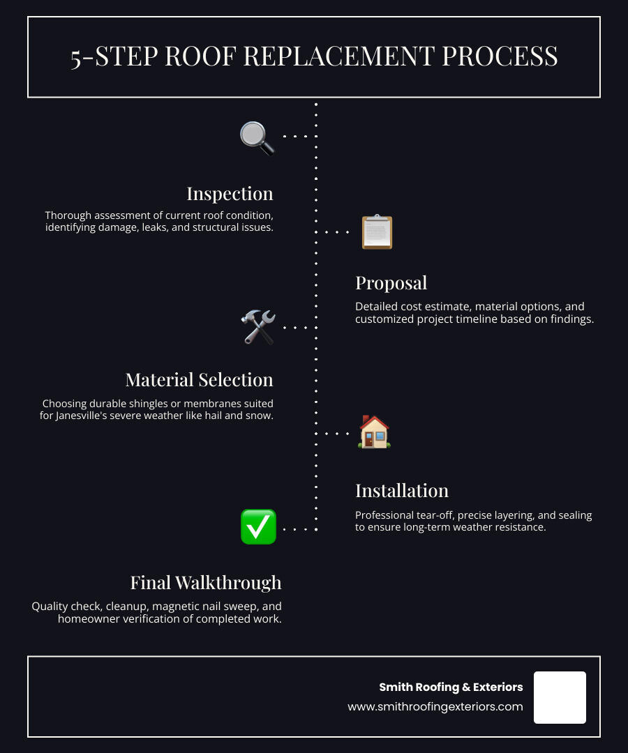 Infographic comparing top Janesville Wisconsin roofing companies for 2026, showing each company's years of experience, specialty services, average costs for repair ($380-$1,800) and replacement ($5,890-$12,800), key certifications, and a 5-step roof replacement process: inspection, proposal, material selection, installation, and final walkthrough - roofing janesville wisconsin infographic infographic-line-5-steps-dark Infographic comparing top Janesville Wisconsin roofing companies for 2026, showing each company's years of experience, specialty services, average costs for repair ($380-$1,800) and replacement ($5,890-$12,800), key certifications, and a 5-step roof replacement process: inspection, proposal, material selection, installation, and final walkthrough - roofing janesville wisconsin infographic infographic-line-5-steps-dark