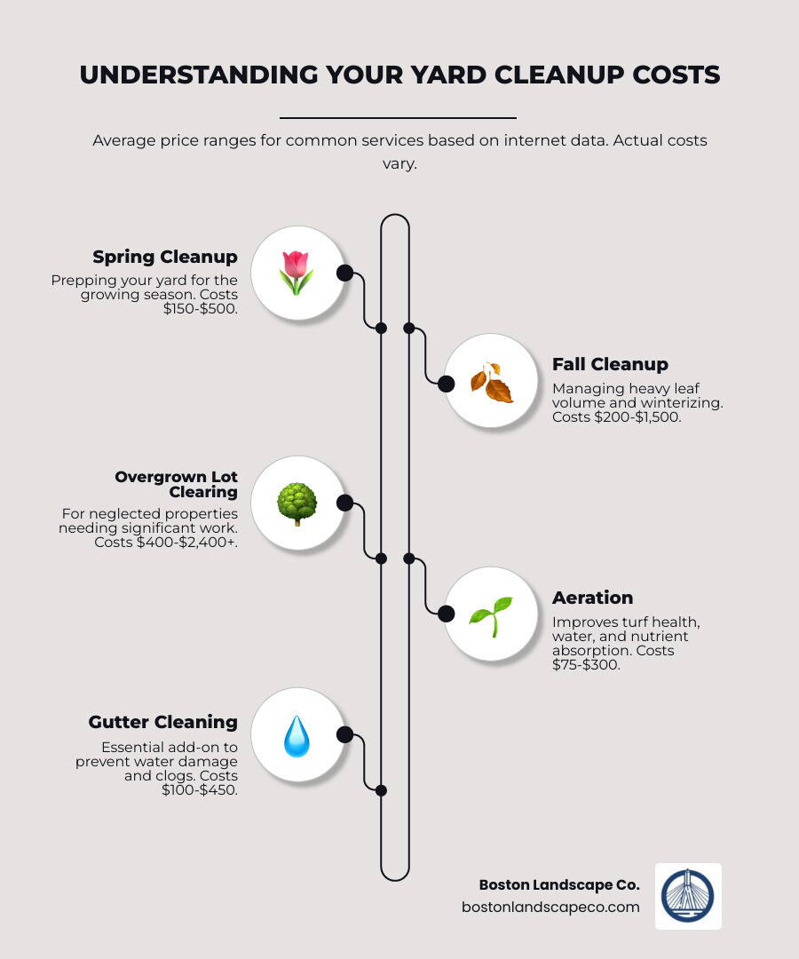 Infographic showing seasonal yard cleanup cost breakdown: spring cleanup $150-$500, fall cleanup $200-$1,500, overgrown yard $400-$2,400+, add-ons like aeration $75-$300 and gutter cleaning $100-$450, with icons for each season and a note that all prices are averages based on internet data - Yard Cleanup Cost infographic infographic-line-5-steps-elegant_beige