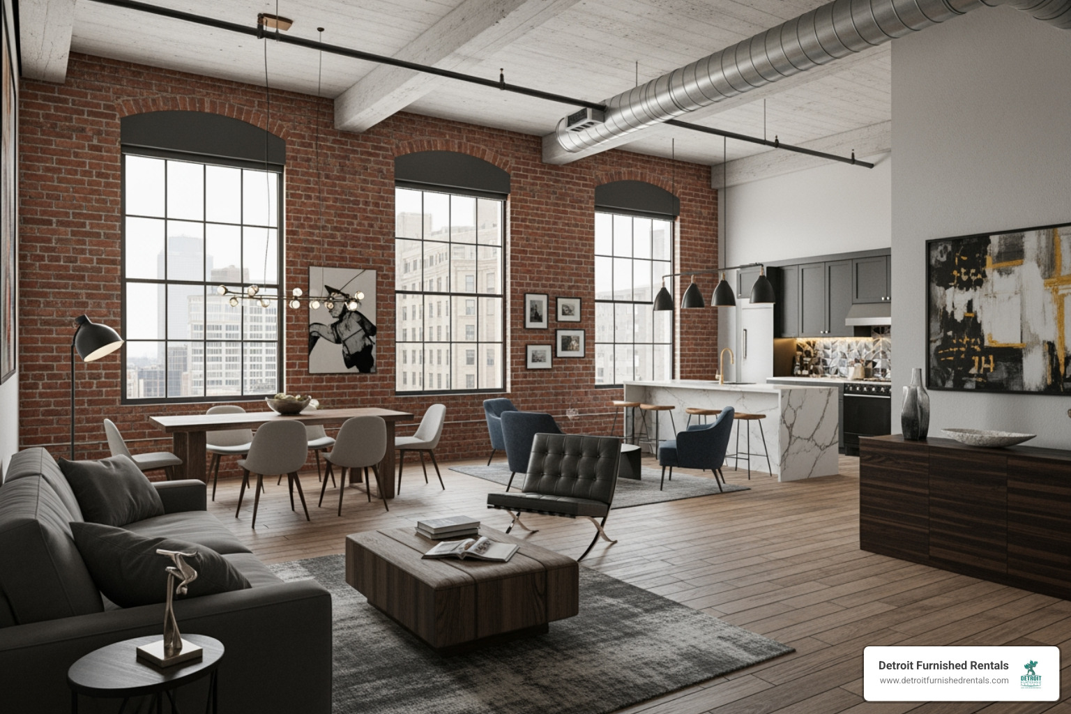 modern Detroit loft interior with exposed brick and industrial windows - vacation rentals detroit