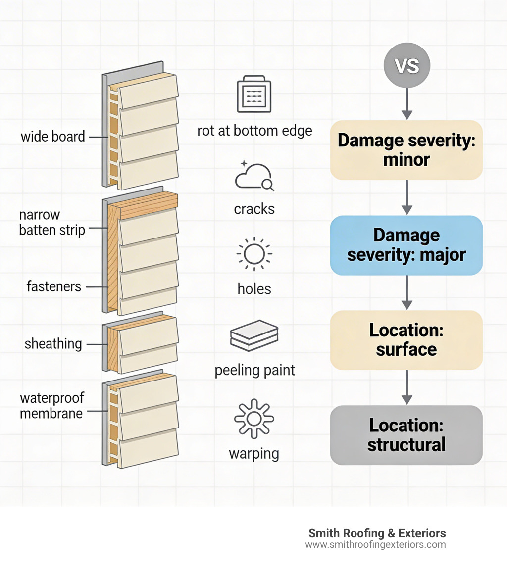 Infographic showing the anatomy of board and batten siding with labeled components (wide board, narrow batten strip, fasteners, sheathing, waterproof membrane), common damage types (rot at bottom edge, cracks, holes, peeling paint, warping), and a decision flowchart for repair vs. replacement based on damage severity and location - board and batten siding repair infographic 