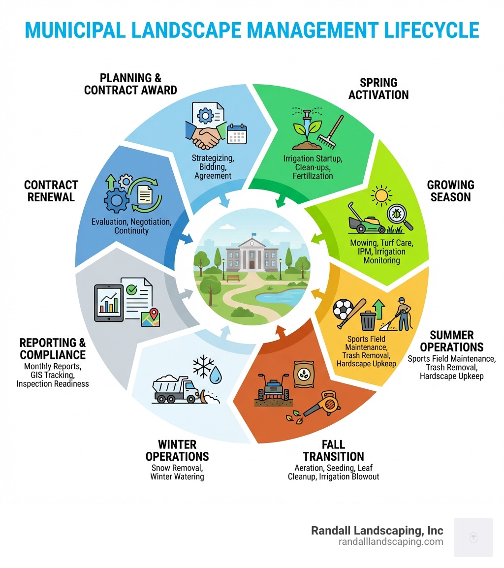 Infographic showing the municipal landscape management lifecycle: Planning & Contract Award → Spring Activation (irrigation startup, clean-ups, fertilization) → Growing Season (mowing, turf care, IPM, irrigation monitoring) → Summer Operations (sports field maintenance, trash removal, hardscape upkeep) → Fall Transition (aeration, seeding, leaf cleanup, irrigation blowout) → Winter Operations (snow removal, winter watering) → Reporting & Compliance (monthly reports, GIS tracking, inspection readiness) → Contract Renewal - commercial landscaping services for municipalities infographic 