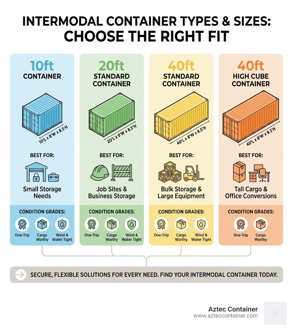Infographic showing intermodal container types and sizes: 10ft container for small storage with dimensions 10'L x 8'W x 8.5'H, 20ft standard container for job sites with dimensions 20'L x 8'W x 8.5'H, 40ft standard container for bulk storage with dimensions 40'L x 8'W x 8.5'H, and 40ft High Cube for tall cargo with dimensions 40'L x 8'W x 9.5'H; each with condition grade options (One-Trip, Cargo Worthy, Wind and Water Tight) and common use cases listed below each size - intermodal containers for sale infographic 