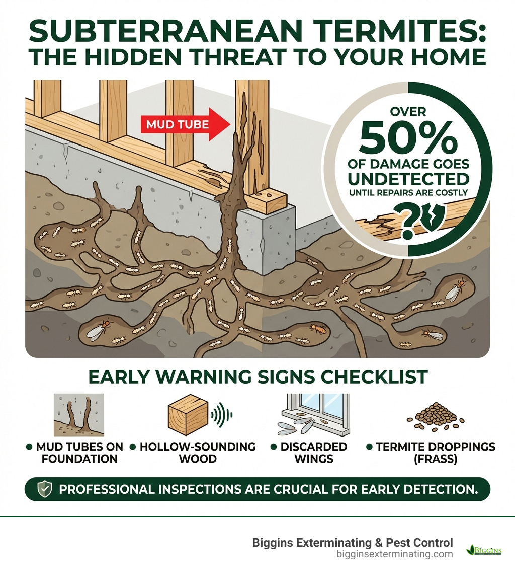 Infographic showing how termite colonies stay hidden underground and inside walls, with cutaway diagram of a home foundation illustrating subterranean termite tunnels, mud tubes rising from soil into wood framing, the percentage of damage that goes undetected, and a simple checklist of early warning signs homeowners can look for - Free termite inspection infographic 