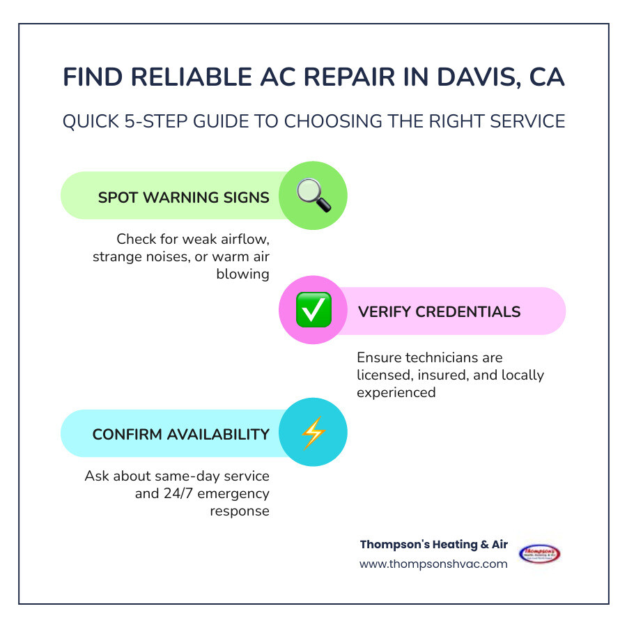 Infographic showing 5 steps to finding AC repair in Davis CA: step 1 check for warning signs like weak airflow or strange noises, step 2 verify technician is licensed and insured, step 3 confirm local Davis area experience, step 4 ask about same-day or emergency availability, step 5 request a clear diagnostic and written guarantee before work begins - ac repair in davis, ca infographic infographic-line-3-steps-colors