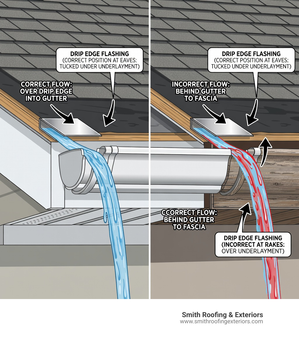 Infographic showing a complete gutter and roofing system cross-section, including roof deck, underlayment, shingles, drip edge flashing tucked behind the gutter, fascia board, soffit, and water flow path from roof surface into the gutter and down the downspout, with labeled arrows for each component and callouts showing correct drip edge positioning at eaves versus rakes - drip edge for gutters infographic Infographic showing a complete gutter and roofing system cross-section, including roof deck, underlayment, shingles, drip edge flashing tucked behind the gutter, fascia board, soffit, and water flow path from roof surface into the gutter and down the downspout, with labeled arrows for each component and callouts showing correct drip edge positioning at eaves versus rakes - drip edge for gutters infographic