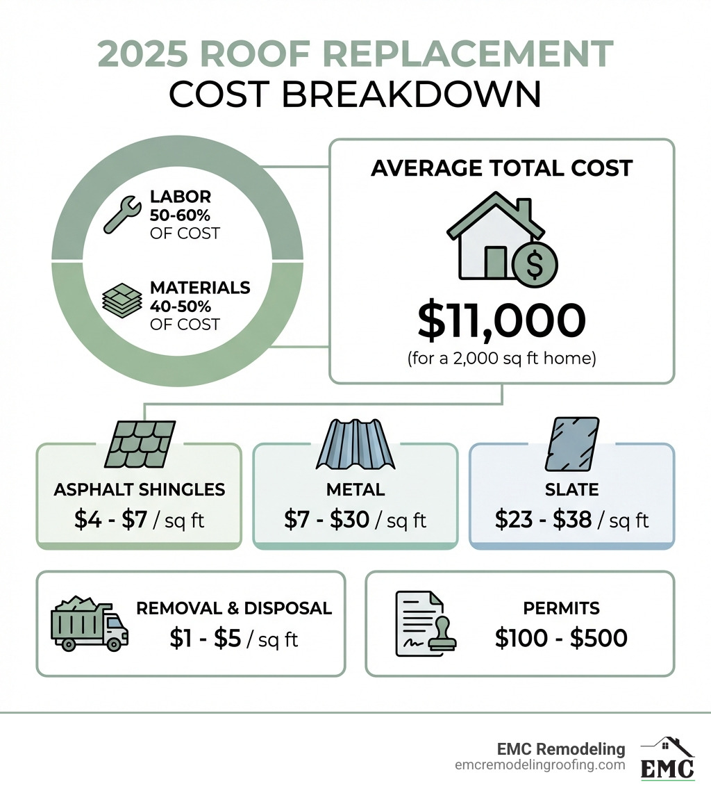 Infographic showing 2025 roof replacement cost breakdown: average total cost $11,000; labor 50-60% of cost; materials 40-50%; asphalt shingles $4-$7/sq ft; metal $7-$30/sq ft; slate $23-$38/sq ft; removal and disposal $1-$5/sq ft; permits $100-$500; roof size ranges from 1,000 to 3,000 sq ft with corresponding price ranges for each material type - cost to change roof infographic 