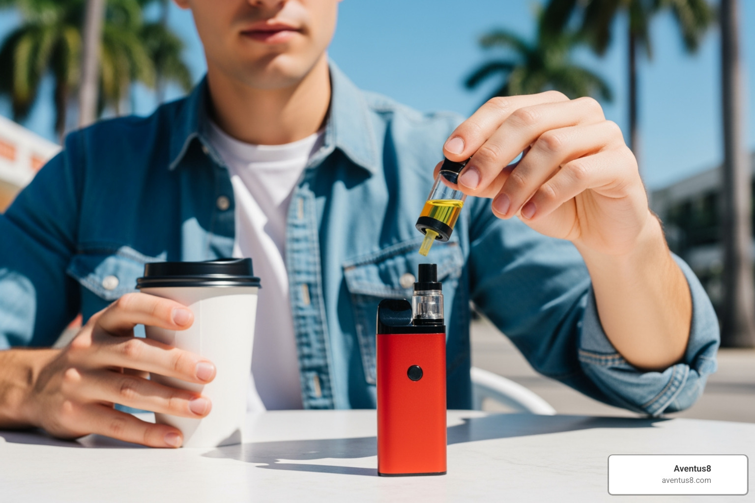 A user refilling a top-fill pod while enjoying a coffee at a sunny Hollywood, FL cafe. The device is clean, and the process looks quick and mess-free. - Easy to use vape A user refilling a top-fill pod while enjoying a coffee at a sunny Hollywood, FL cafe. The device is clean, and the process looks quick and mess-free. - Easy to use vape