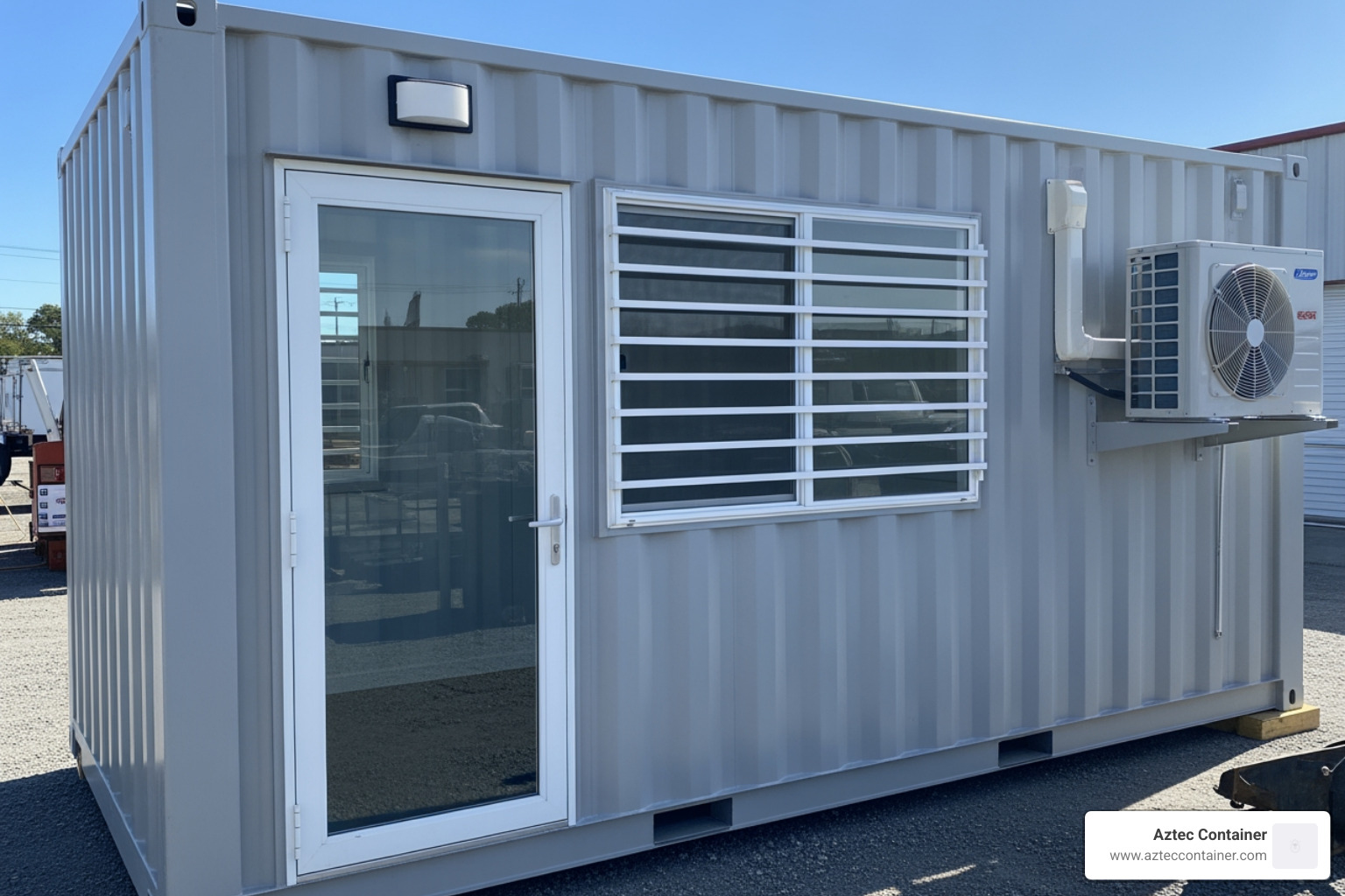 A 20ft shipping container modified into a mobile office, featuring a glass personnel door, a sliding window with security bars, a mounted HVAC unit on the side, and a fresh custom grey paint job - intermodal containers for sale