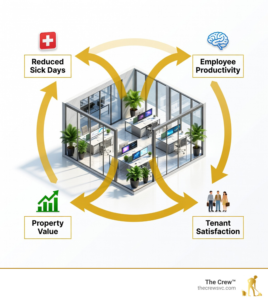 Infographic showing the connection between office cleanliness, reduced sick days, employee productivity, tenant satisfaction, and property value — with icons for each benefit and a central image of a clean modern office - office building cleaners infographic Infographic showing the connection between office cleanliness, reduced sick days, employee productivity, tenant satisfaction, and property value — with icons for each benefit and a central image of a clean modern office - office building cleaners infographic