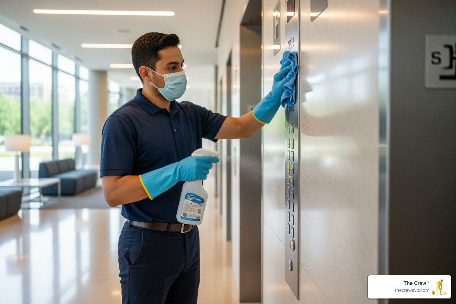 A professional cleaner wearing a mask and gloves using a microfiber cloth and disinfectant spray to clean a high-touch elevator button panel in a modern office building - office building cleaners A professional cleaner wearing a mask and gloves using a microfiber cloth and disinfectant spray to clean a high-touch elevator button panel in a modern office building - office building cleaners