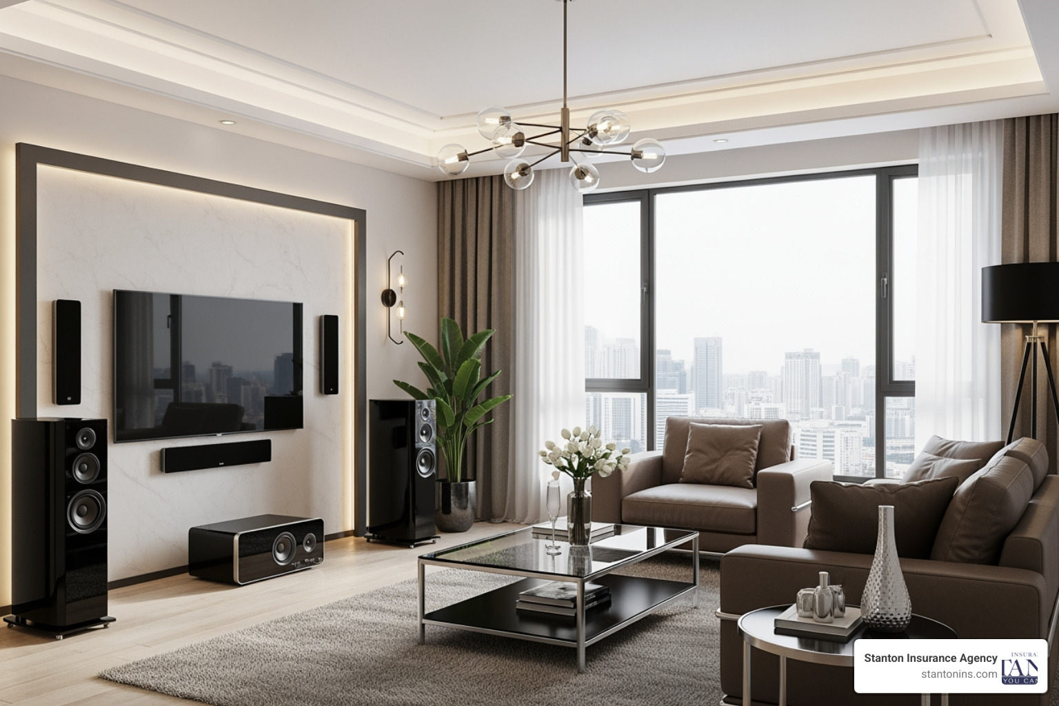 Modern living room with high-end electronics and furniture - best ma renters insurance