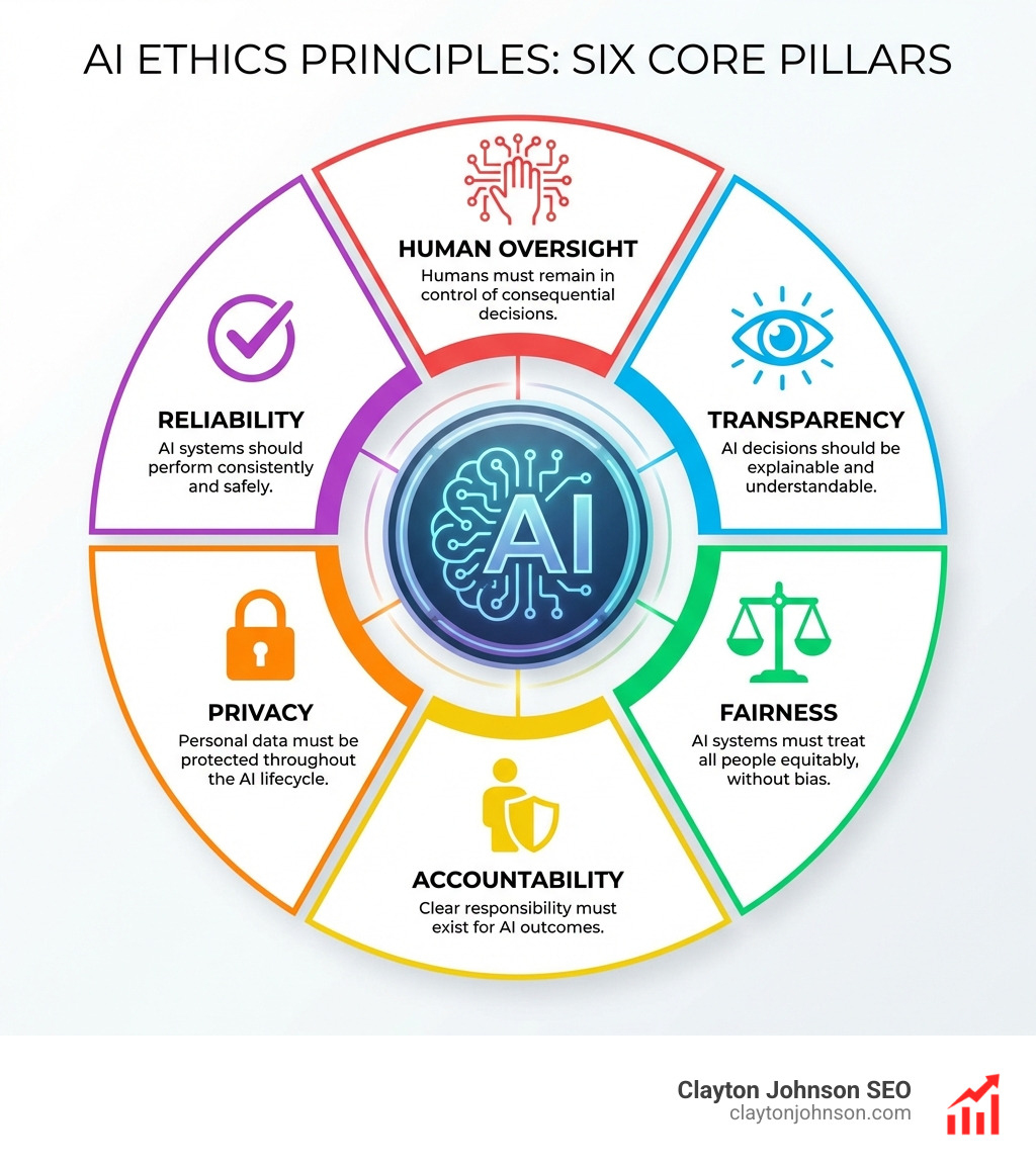 Infographic showing the six core pillars of AI ethics principles - Transparency with an open eye icon, Fairness with a balanced scale, Accountability with a person and shield, Privacy with a lock symbol, Reliability with a checkmark, and Human Oversight with a hand above a circuit - arranged in a circular framework around a central AI icon, with brief one-line definitions beneath each pillar, on a clean white enterprise-style background - What are AI ethics principles infographic Infographic showing the six core pillars of AI ethics principles - Transparency with an open eye icon, Fairness with a balanced scale, Accountability with a person and shield, Privacy with a lock symbol, Reliability with a checkmark, and Human Oversight with a hand above a circuit - arranged in a circular framework around a central AI icon, with brief one-line definitions beneath each pillar, on a clean white enterprise-style background - What are AI ethics principles infographic