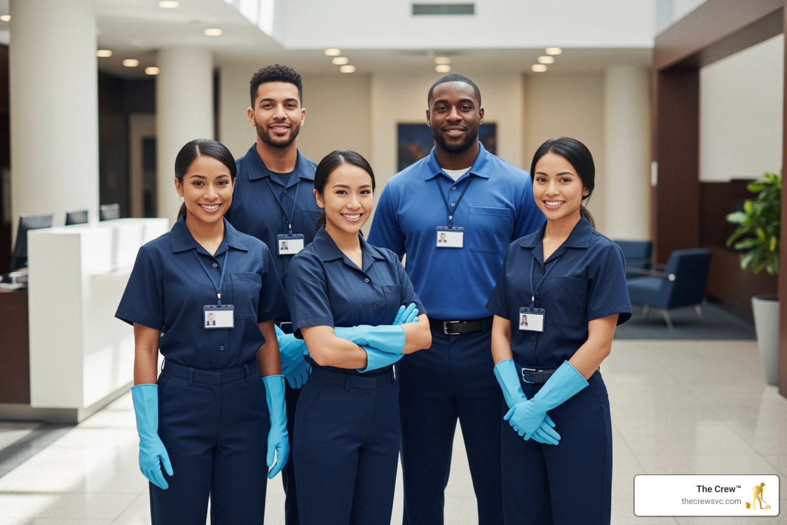 A professional cleaning team in uniform with visible ID badges, standing confidently in a clean corporate lobby - high quality office cleaners