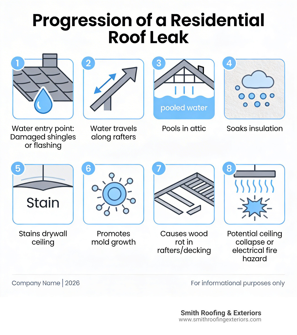 Infographic showing the progression of a residential roof leak: water entry point at damaged shingles or flashing → water travels along rafters → pools in attic → soaks insulation → stains drywall ceiling → promotes mold growth → causes wood rot in rafters and decking → potential ceiling collapse or electrical fire hazard if wiring is contacted - residential roof leak infographic Infographic showing the progression of a residential roof leak: water entry point at damaged shingles or flashing → water travels along rafters → pools in attic → soaks insulation → stains drywall ceiling → promotes mold growth → causes wood rot in rafters and decking → potential ceiling collapse or electrical fire hazard if wiring is contacted - residential roof leak infographic