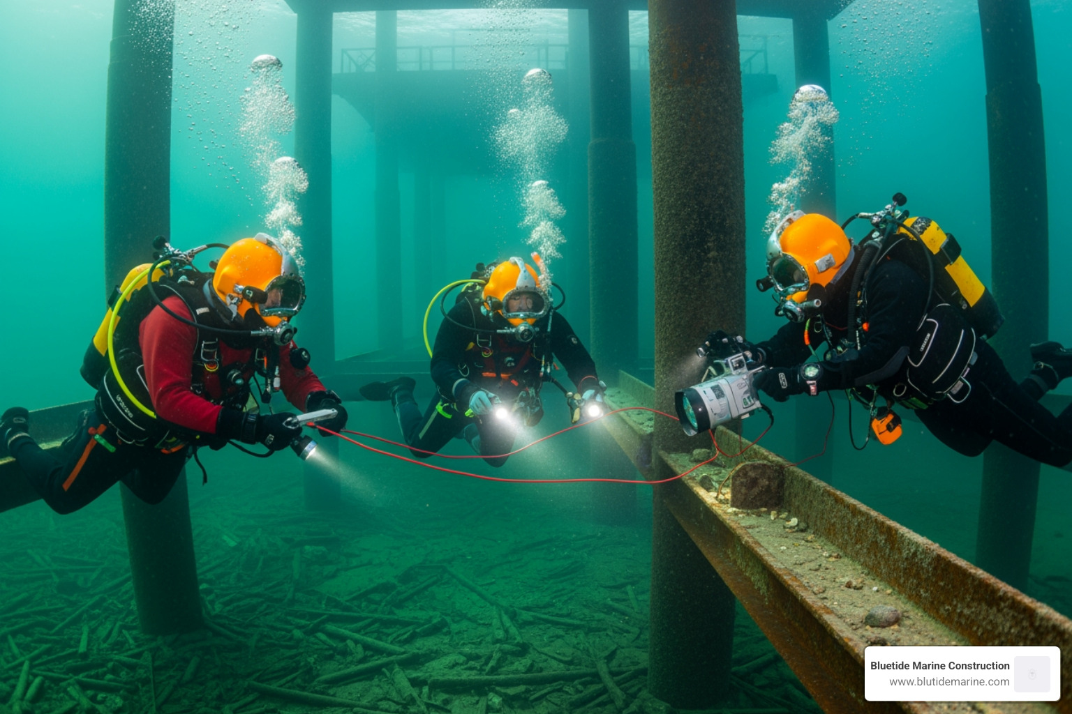 commercial diving team performing underwater inspection - marine construction contractor commercial diving team performing underwater inspection - marine construction contractor